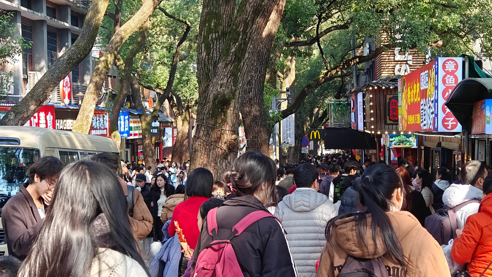 景区出口就是湖南大学的小吃街，中午时人山人海