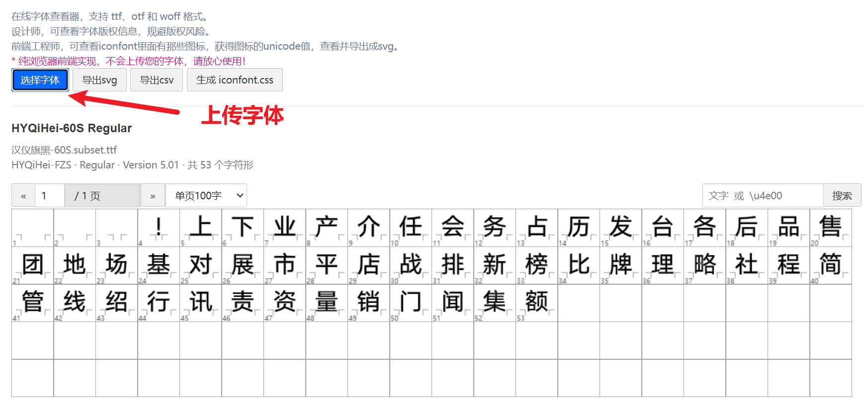 预览字体的字符内容